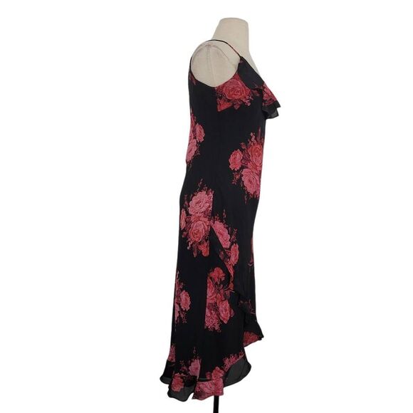 Y2K Express Midi Slip Dress Sz 7/8 Black Red Floral Ruffle High Low Dark Romanti - Picture 2 of 10